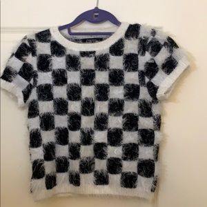 Fuzzy short sleeve checkered shirt